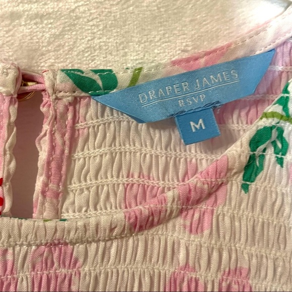 Draper James RSVP Wms M Pink Floral Flounce Smocked Top Flutter Sleeve Peasant - Picture 3 of 6